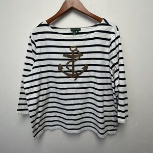 Vintage Lauren Jeans‎ Co Ralph Lauren Striped Anchor Top Boat Neck Nautical 2X